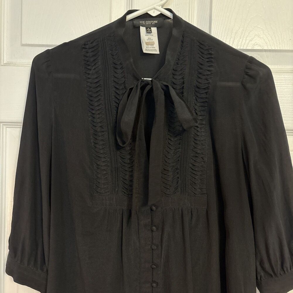 Couture by Miss Me Black Button Up Neck Tie Pin-tuck Silk Top Sz M